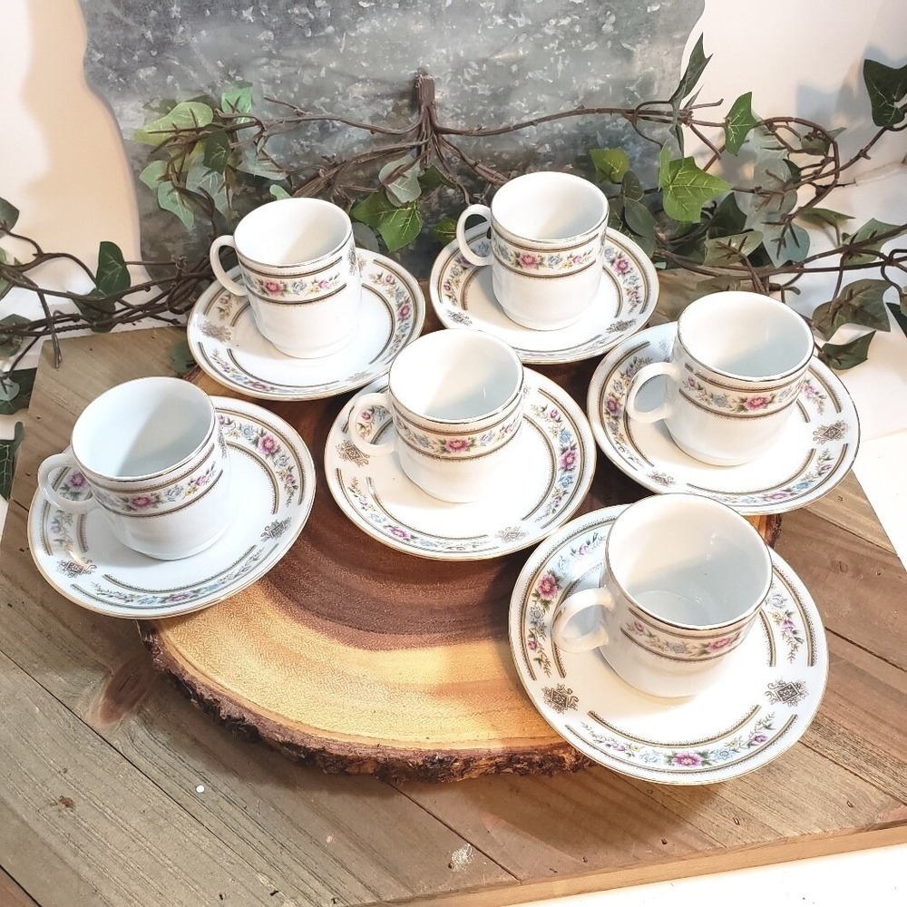 Set of 6 Exquisite Espresso Demitasse Cups and Saucers with soft‎ pastel flowers